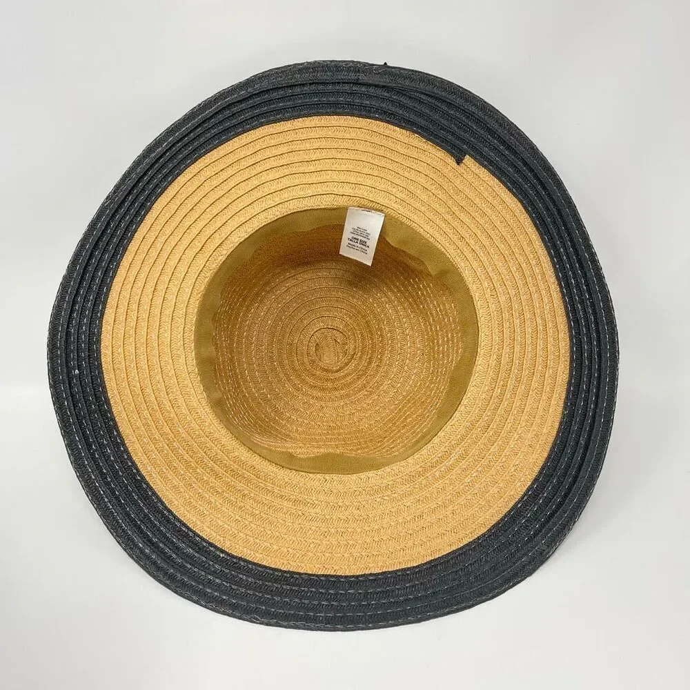 Forever 21 Beige Black Soot Floppy Wide Brim Woven Paper Sun Hat One Size OSFM